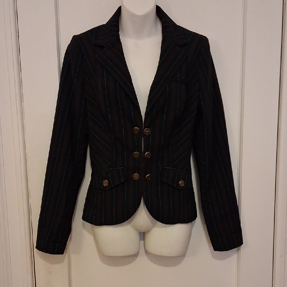 Guess Black / Blue Pin Striped Blazer with Gold Buttons & Red Satin Lining S